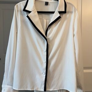 White Button-Up Blouse with Black Trim